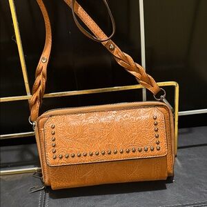 Embossed Tan Leather Crossbody Bag